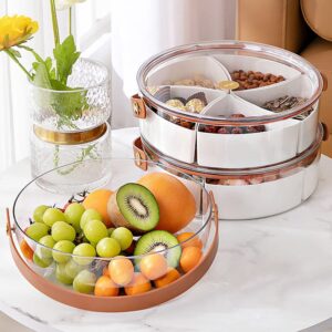 Clear Divided Serving Tray with Lid and Handle, Round Portable Plastic Veggie Tray Party Platter Food Storage Container Box for Snack Dried Fruit Nuts Candy Appetizer Vegetable