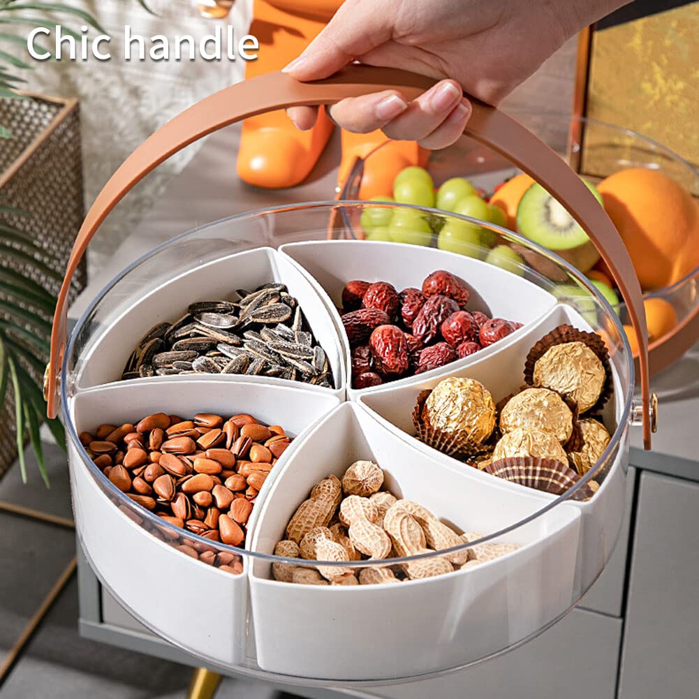 Clear Divided Serving Tray with Lid and Handle, Round Portable Plastic Veggie Tray Party Platter Food Storage Container Box for Snack Dried Fruit Nuts Candy Appetizer Vegetable