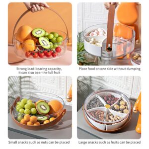 Clear Divided Serving Tray with Lid and Handle, Round Portable Plastic Veggie Tray Party Platter Food Storage Container Box for Snack Dried Fruit Nuts Candy Appetizer Vegetable