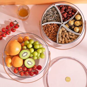 Clear Divided Serving Tray with Lid and Handle, Round Portable Plastic Veggie Tray Party Platter Food Storage Container Box for Snack Dried Fruit Nuts Candy Appetizer Vegetable