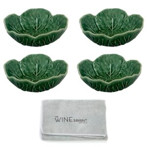 bordallo pinheiro cabbage bowl green set of 4 with wine savant cleaning towel bundle kitchen bowls for oatmeal, ramen, dessert, snack, pho, salad, soup, pasta, cereal novelty gifts 200 ml capacity