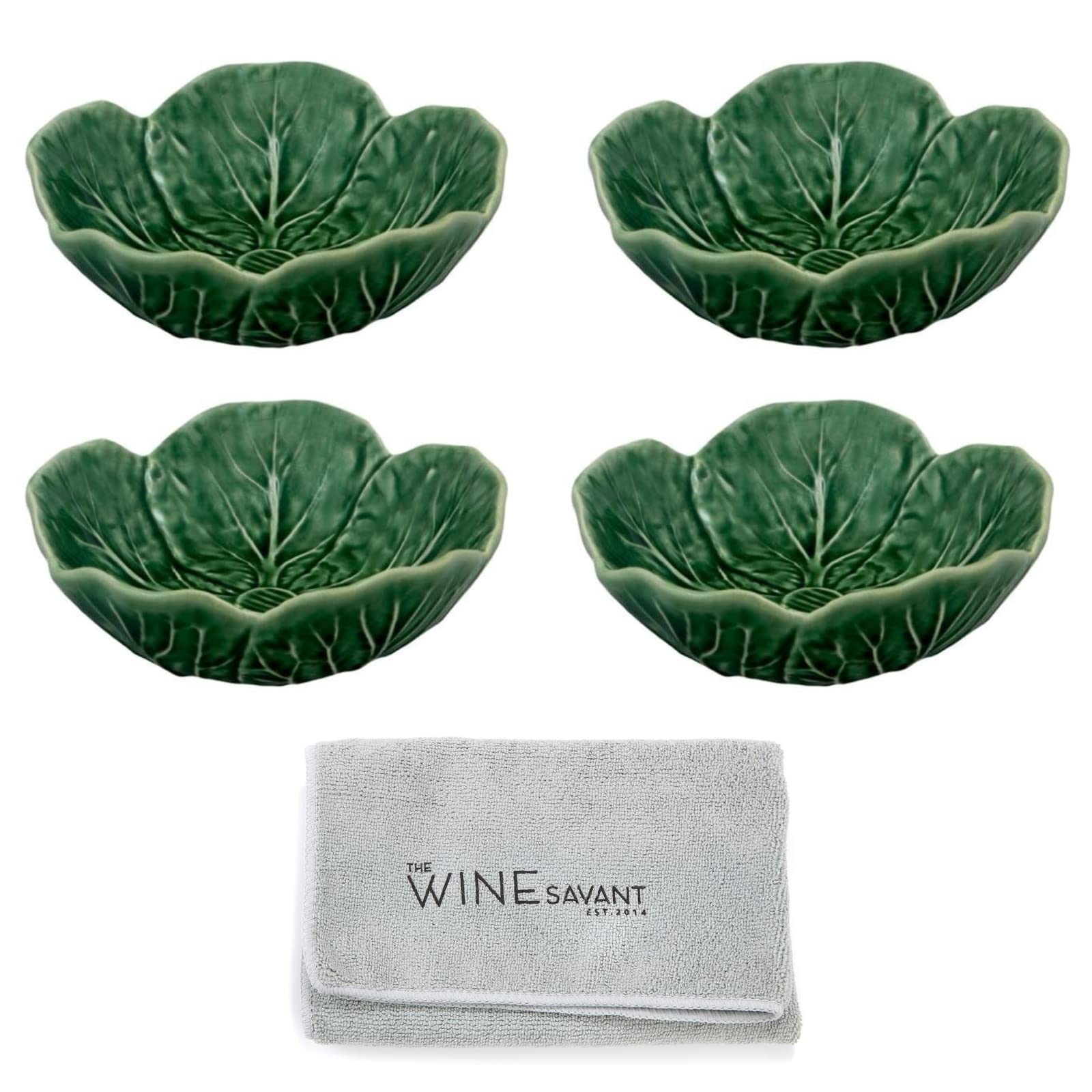 Bordallo Pinheiro Cabbage Bowl Green Set of 4 with Wine Savant Cleaning Towel Bundle Kitchen Bowls for Oatmeal, Ramen, Dessert, Snack, Pho, Salad, Soup, Pasta, Cereal Novelty Gifts 200 ml Capacity