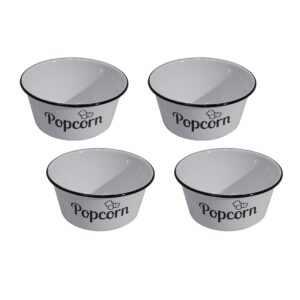 white enamel popcorn bowl with black lettering, set of four