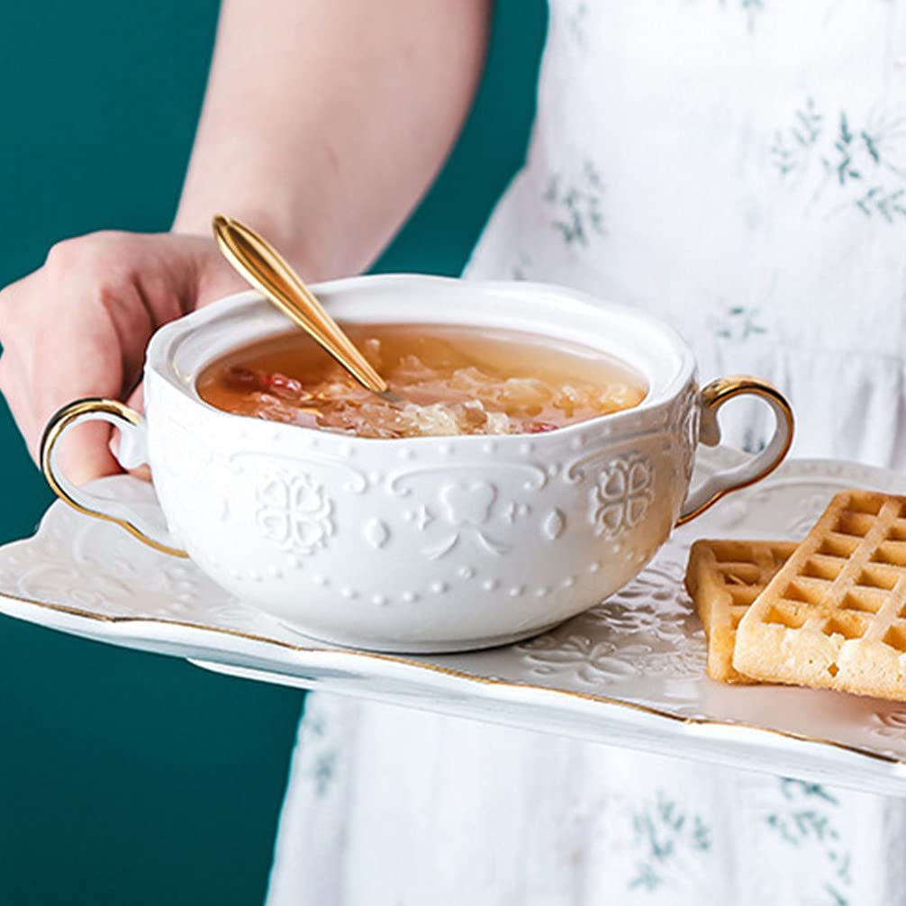 Zerodeko Soup Bowls French Onion Soup Bowls Ceramic Dessert Bowl with Double Handle, Porcelain Soup Bowl with Lid and Spoon for Fruit Salad Soup Cereal (White) Soup Bowls White Onion