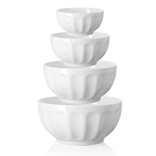 Sweese 129.401 Porcelain Serving Bowls for Entertaining 64-42-26-10 Ounce Various Size Nesting Fluted Bowl Set for Salad Soup - Set of 4, White