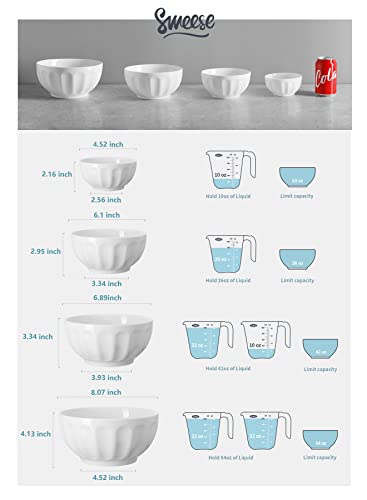 Sweese 129.401 Porcelain Serving Bowls for Entertaining 64-42-26-10 Ounce Various Size Nesting Fluted Bowl Set for Salad Soup - Set of 4, White