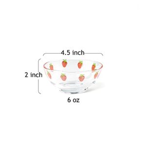 Sizikato 2pcs Clear Glass Fruit Bowl, 6 Oz Snack Bowl, Dessert Bowl, Cute Strawberry Pattern