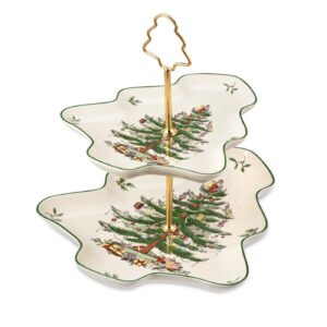 spode christmas tree sculpted 2-tier server | tiered cupcake stand | dessert table display set | tree shaped cupcake holder | porcelain serving platter | serving dishes – 10 inch & 8 inch