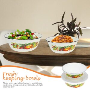 Angoily 2 Sets of Enamel Bowls with Lids Enamelware Soup Basins Vintage Salad Bowl Enamel Noodle Bowls Round Serving Bowl Vegetable Fruit Containers
