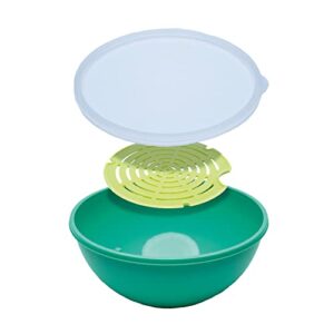 jokari 2 qt self draining salad bowl set to keep fruit and veggies fresh and crisp for days. includes plastic colander style strainer plate that nests inside the bowl and tight sealing lid