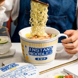 Ramen Noodle Bowl with Lid Creative Instant Noodle Cooker Bowl Large Japanese Ceramic Soup Bowl with Handle (F)