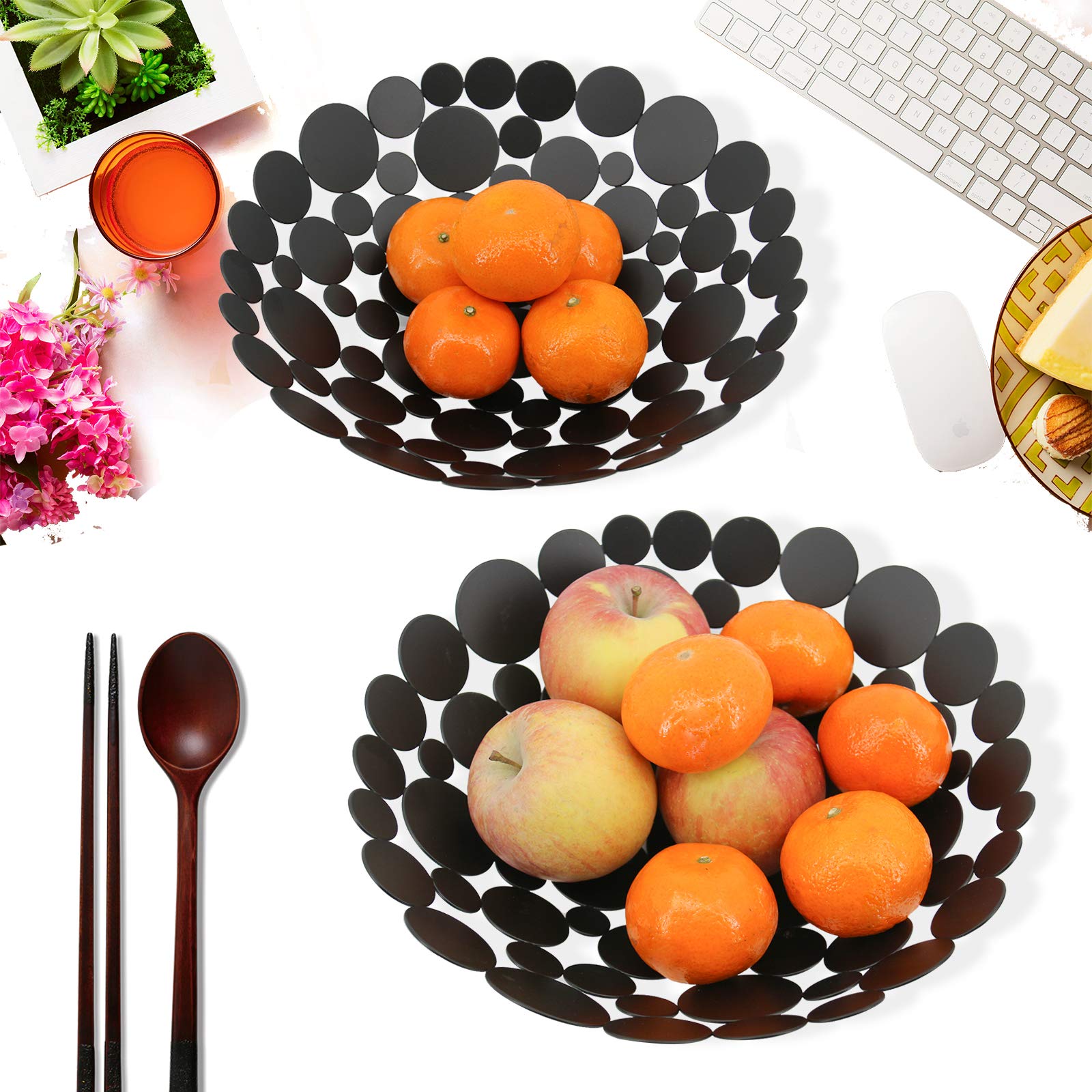 Patioer Metal Fruit Bowl Basket Decorative Fruit Basket 11.6 Inch, Large Round Centerpiece Bowl Countertop Fruit Holder Stand for Home Decor, Kitchen, Countertop, Counters, Black