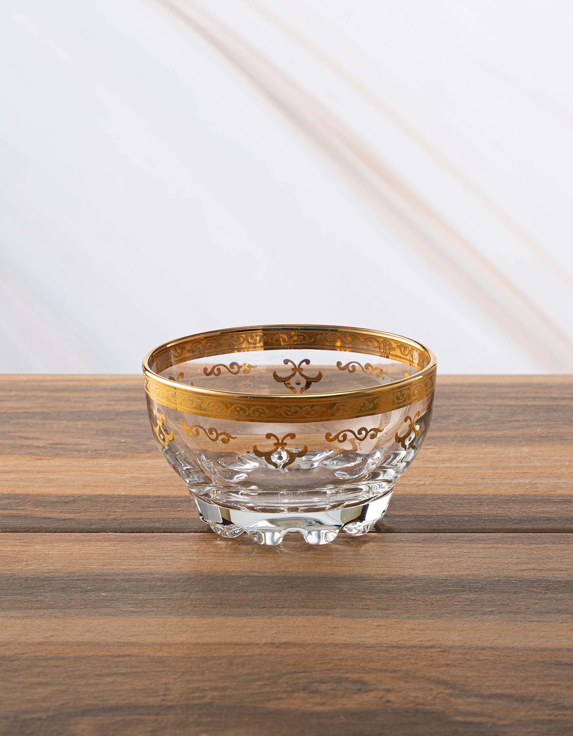 Clear Glass Dessert Bowls/Cups with Rich Gold Design-Set of 6- Measures: 4"D x 3"H
