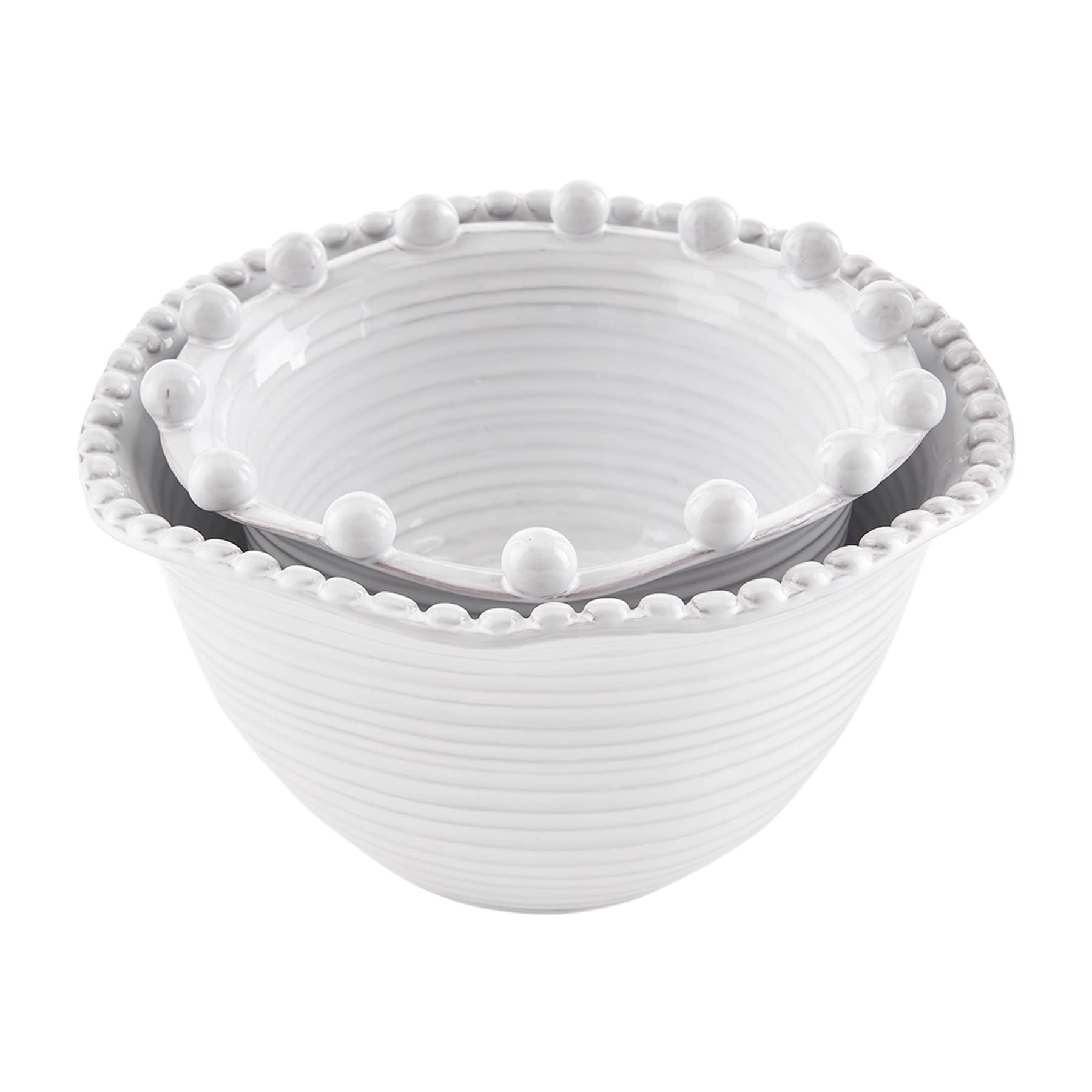 Mud Pie Beaded Side Bowl Set, White, small 4" x 7" dia | large 5" x 8 1/2" dia