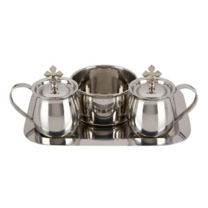 stainless steel cruet set with tray and bowl