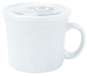 boston warehouse 24-ounce souper bowl white embossed stoneware mug with date dial vented lid, 24 ounce
