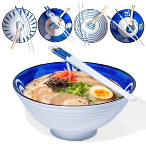 set of 4 ceramic japanese style ramen bowls with chopsticks and spoons large serving bowl set for ramen, udon noodles, miso soup, salad, rice, pho home dinnerwa