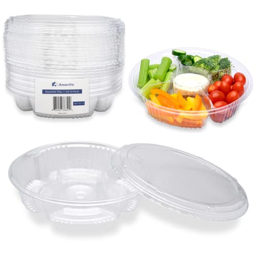 Amerito 20 Pack Clear Disposable Plastic Appetizer Trays with Lids - Divided Party Platter Container for Serving/Storing Food, Fruits & Veggies, Snacks, Candy & Nuts