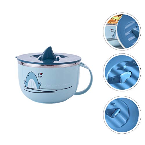 YARNOW 1000ml Noodle Bowl Stainless Steel Eating Bowl Shark Animal Style Blue Bowl Soup Breakfast Oat Grains Bowl with Lid Handle for Home