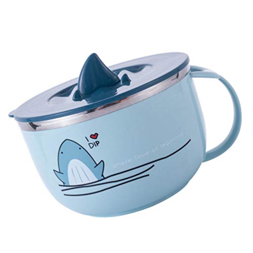 YARNOW 1000ml Noodle Bowl Stainless Steel Eating Bowl Shark Animal Style Blue Bowl Soup Breakfast Oat Grains Bowl with Lid Handle for Home