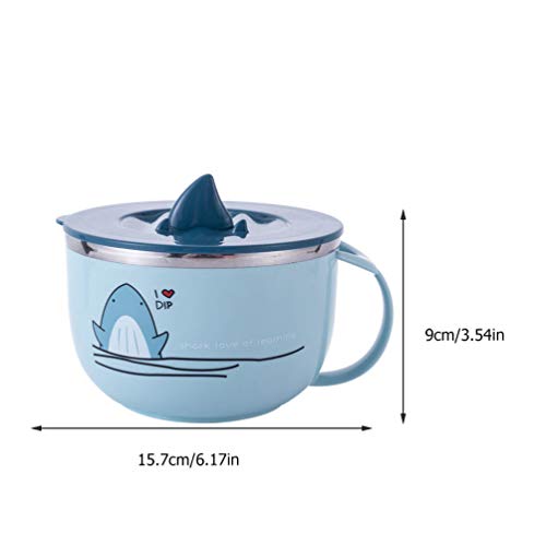 YARNOW 1000ml Noodle Bowl Stainless Steel Eating Bowl Shark Animal Style Blue Bowl Soup Breakfast Oat Grains Bowl with Lid Handle for Home