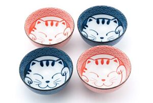 fuji merchandise japanese porcelain multi purpose 4.5" diameter bowl set of 4 maneki neko lucky cat meow gift set made in japan