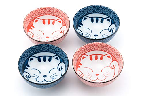 Fuji Merchandise Japanese Porcelain Multi Purpose 4.5" Diameter Bowl Set of 4 Maneki Neko Lucky Cat Meow Gift Set Made In Japan