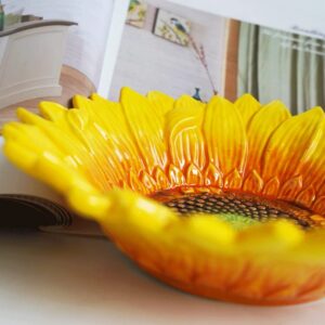 FORLONG Ceramic Medium Fruit Bowl Dessert Cake Candy Snack Plate, Hand Painted Sunflower-shaped Decorative Bowl, Art Tabletop Home Décor -10.8inches