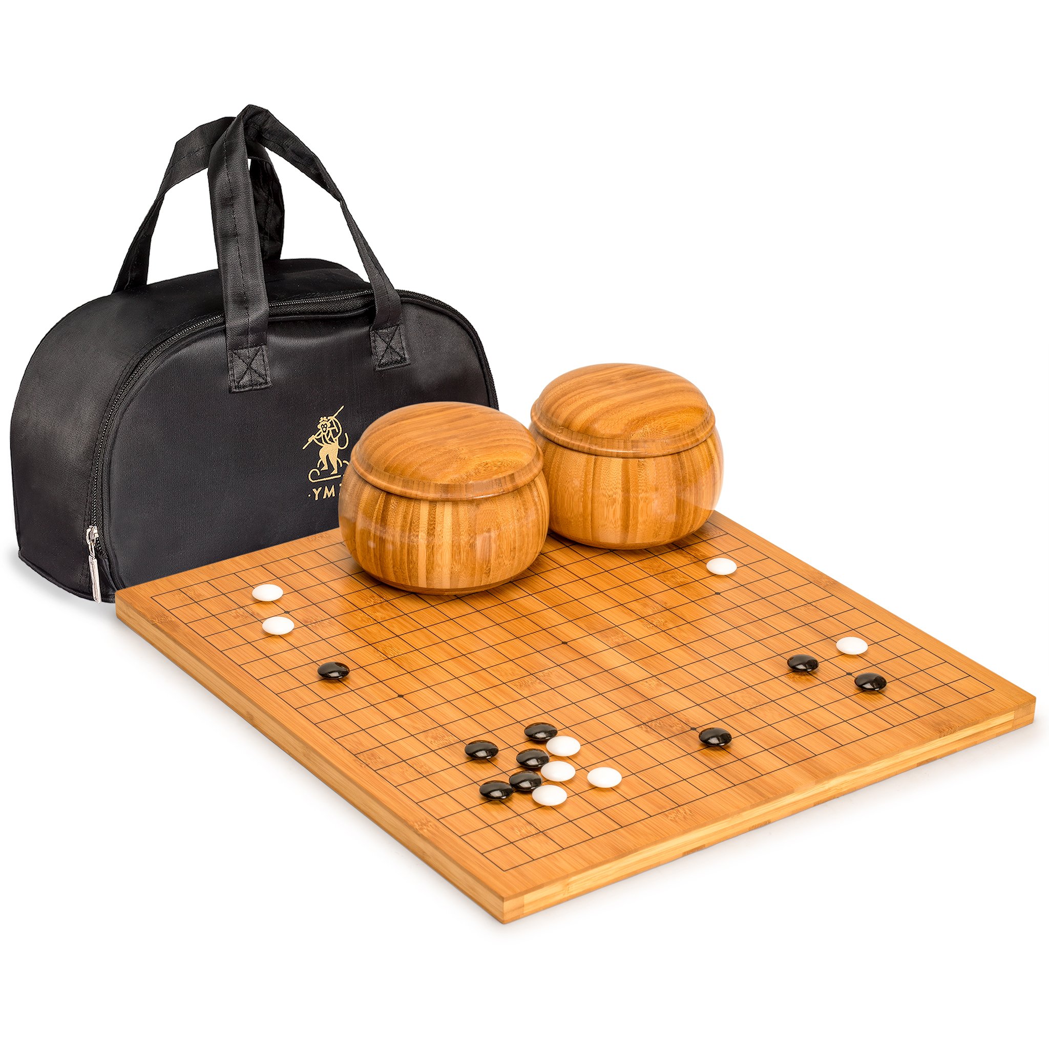 Yellow Mountain Imports Bamboo 0.8-Inch Reversible 19x19 / 13x13 Go Game Set Board with Double Convex Melamine Stones and Bamboo Bowls - Classic Strategy Board Game (Baduk/Weiqi)