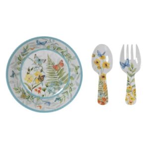 gerson international melamine butterfly design salad bowl with fork and spoon, set of 3, 12.9 inch diameter