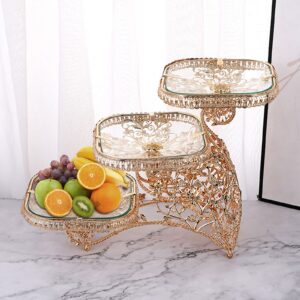 WANLECY 3-Tier Metal Glass Fruit Stand, Modern Palace Style Tabletop Fruit Bowl Plate Gold Decorative Table Centerpiece Holder Stand Fruit Dried Candy Bowl Party Wedding Decor