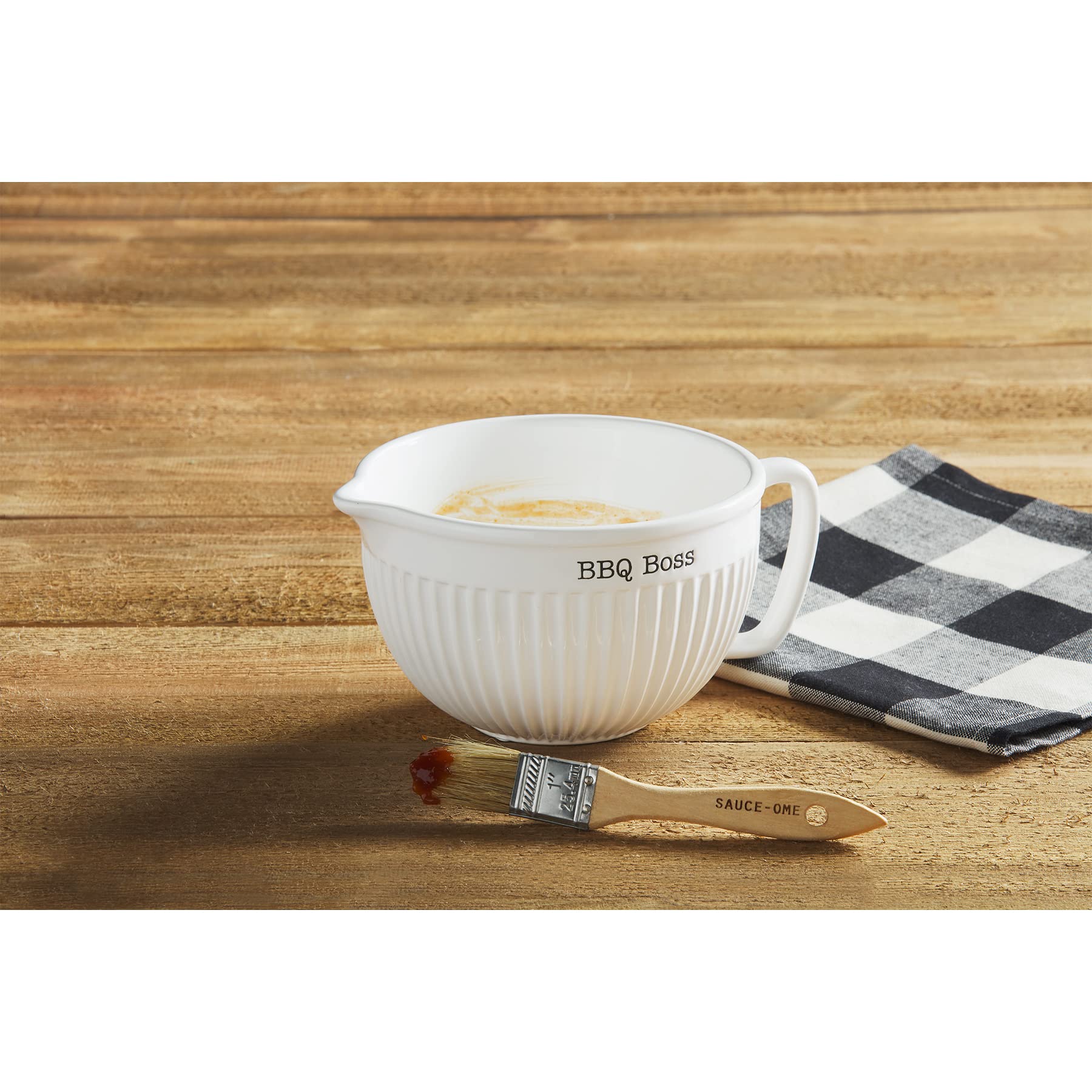 Mud Pie Circa BBQ Pitcher Sauce Set, White, bowl 4" x 8" dia | brush 6 1/2"