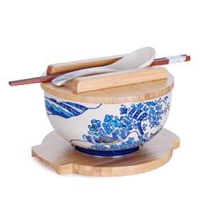 hinomaru collection japanese kamameshi style rice noodle bowl with bamboo lid trivet chopsticks and porcelain spoon bowl set (hokusai wave)