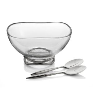 nambe braid glass salad bowl with servers | large 12-inch mixing and serving dish | thick glass bowl for salads, fruit, and more | stainless steel serving spoons | dishwasher safe