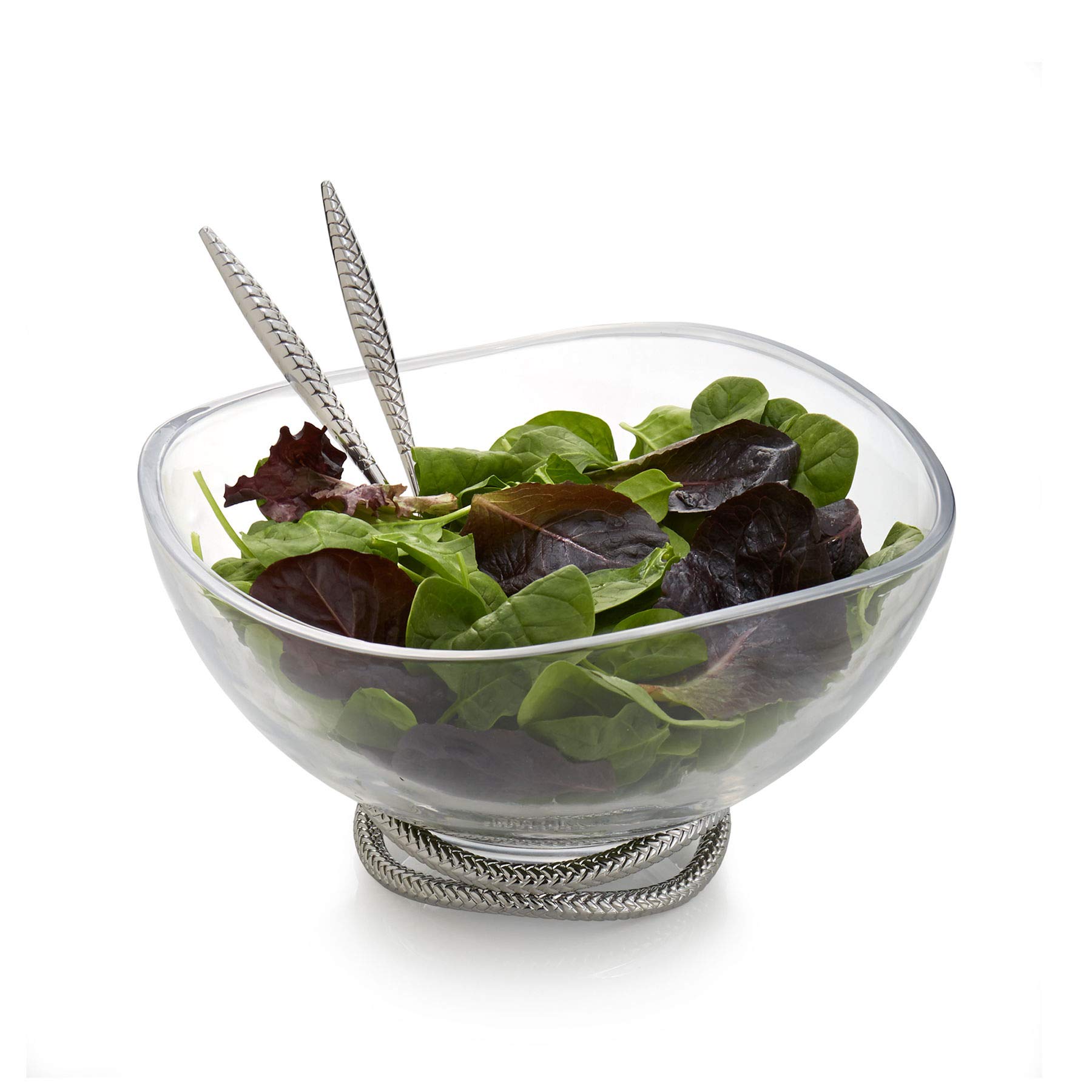 nambe Braid Glass Salad Bowl with Servers | Large 12-Inch Mixing and Serving Dish | Thick Glass Bowl for Salads, Fruit, and More | Stainless Steel Serving Spoons | Dishwasher Safe