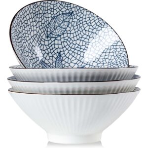 qinlang 38 oz japanese ramen bowls, cereal bowls, soup bowls, pho bowls, noodle bowls, 8 in blue and white ceramic bowls set of 4, leaf pattern