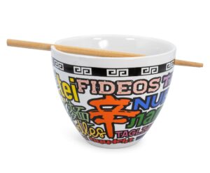 bowl bop noodle collage japanese ceramic dinnerware set | includes 16-ounce ramen noodle bowl and wooden chopsticks | asian food dish set for home & kitchen | kawaii anime gifts and collectibles