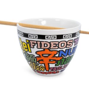 Bowl Bop Noodle Collage Japanese Ceramic Dinnerware Set | Includes 16-Ounce Ramen Noodle Bowl and Wooden Chopsticks | Asian Food Dish Set For Home & Kitchen | Kawaii Anime Gifts and Collectibles