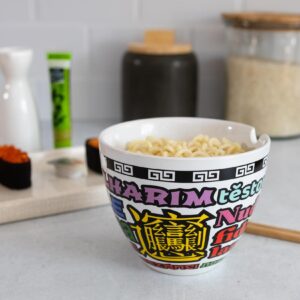 Bowl Bop Noodle Collage Japanese Ceramic Dinnerware Set | Includes 16-Ounce Ramen Noodle Bowl and Wooden Chopsticks | Asian Food Dish Set For Home & Kitchen | Kawaii Anime Gifts and Collectibles