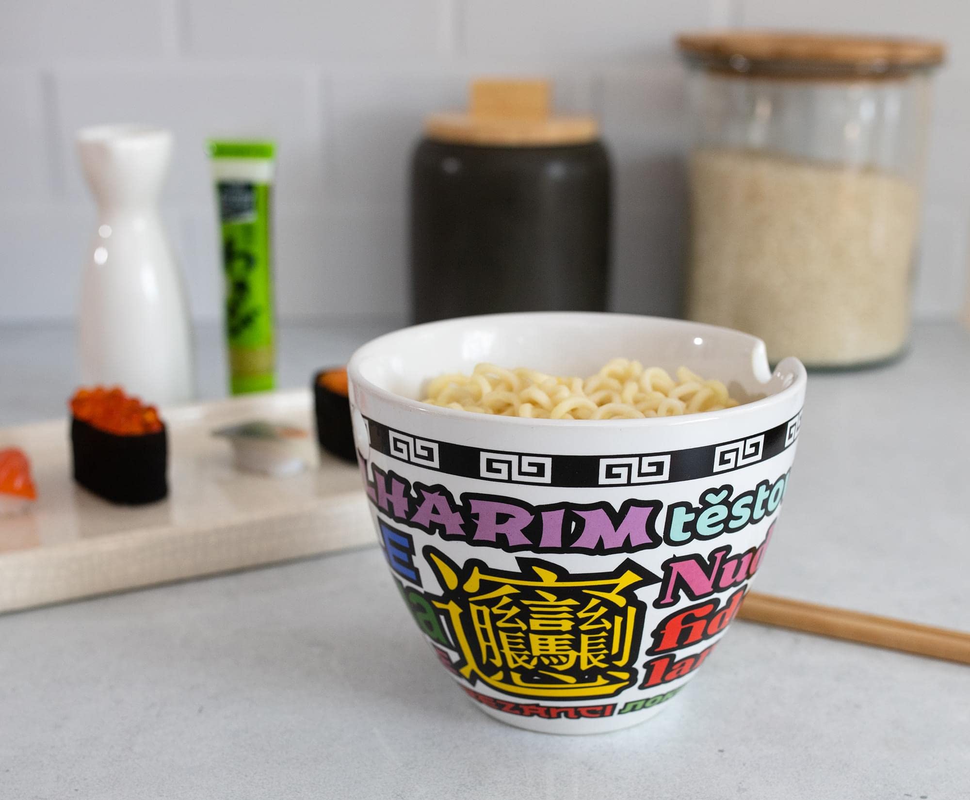 Bowl Bop Noodle Collage Japanese Ceramic Dinnerware Set | Includes 16-Ounce Ramen Noodle Bowl and Wooden Chopsticks | Asian Food Dish Set For Home & Kitchen | Kawaii Anime Gifts and Collectibles