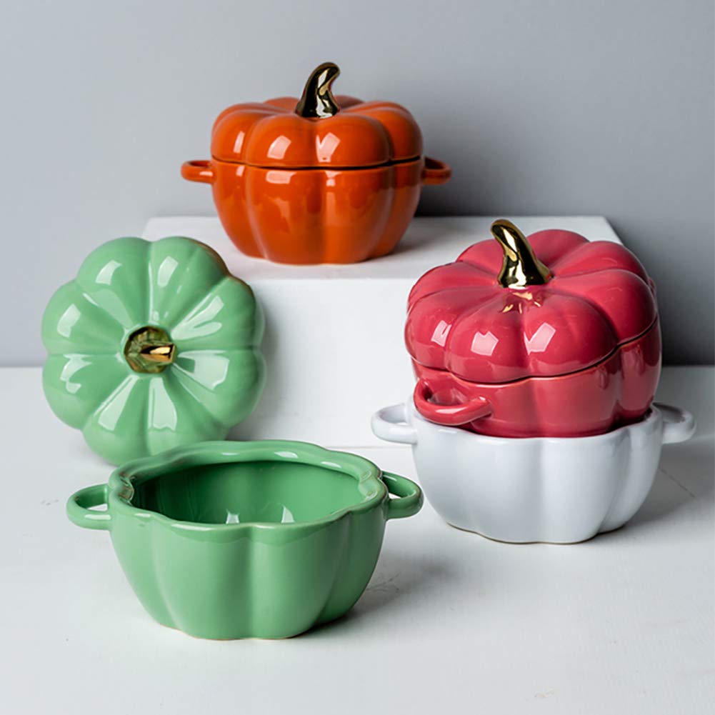 YUMUO Pumpkin Not-Stick Ceramics Dish,Fashion Creative Tableware Dessert Fruit Soup Bowl with Lid,for Cooking & Serving Orange