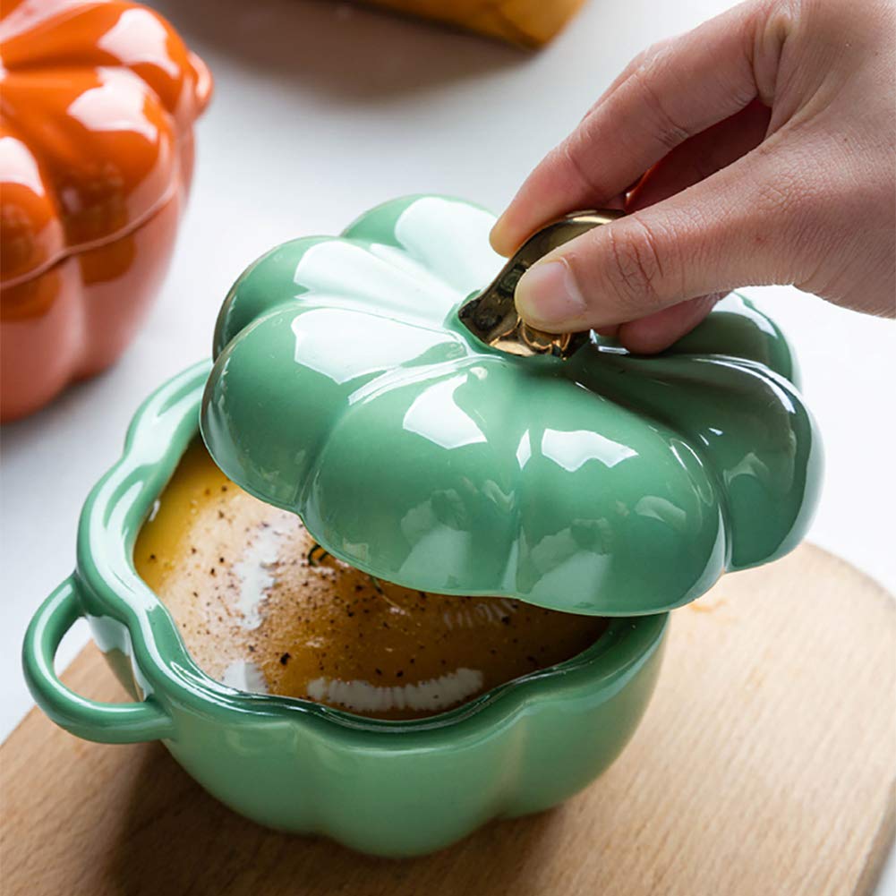 YUMUO Pumpkin Not-Stick Ceramics Dish,Fashion Creative Tableware Dessert Fruit Soup Bowl with Lid,for Cooking & Serving Orange