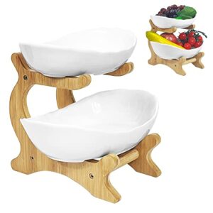 prolee 3 tier/2 tier ceramic fruit bowl with bamboo wood stand, large fruit basket for kitchen, ceramic serving tray set for sushi, dessert, fruit,cake, candy (2 tier)