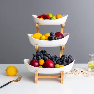 dyrabrest oval ceramic fruit plate bowl, 3 layer ceramic bamboo frame fruit plate, multi-layer white/brown (optional) fruit basket holder vegetables storage stand for fruits snacks candy (white)