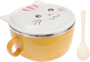 hemoton stainless steel noodle bowl with lid cartoon cat bowl instant noodle bowl insulated ramen bowl pasta bowl kitchen tableware yellow