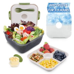 rassody 74 oz salad container to go for lunch with ice pack, dressing cup and 4 compartments for salads toppings, snacks, fruits, built-in fork, large mixing bowl, leak-proof, reusable and bpa-free