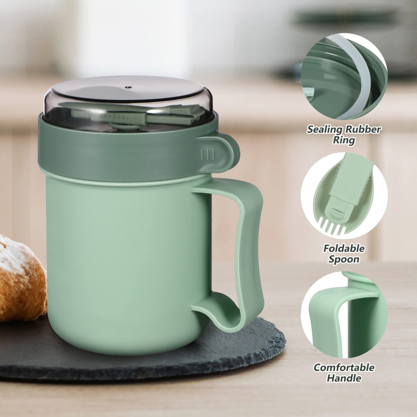 Soup Mug with Lid Scoop Soup To-Go Container Microwavable Cereal Cup with Handle Leak-Proof Silicone Seal Breakfast On the Go Cups for Soups Noodles Green