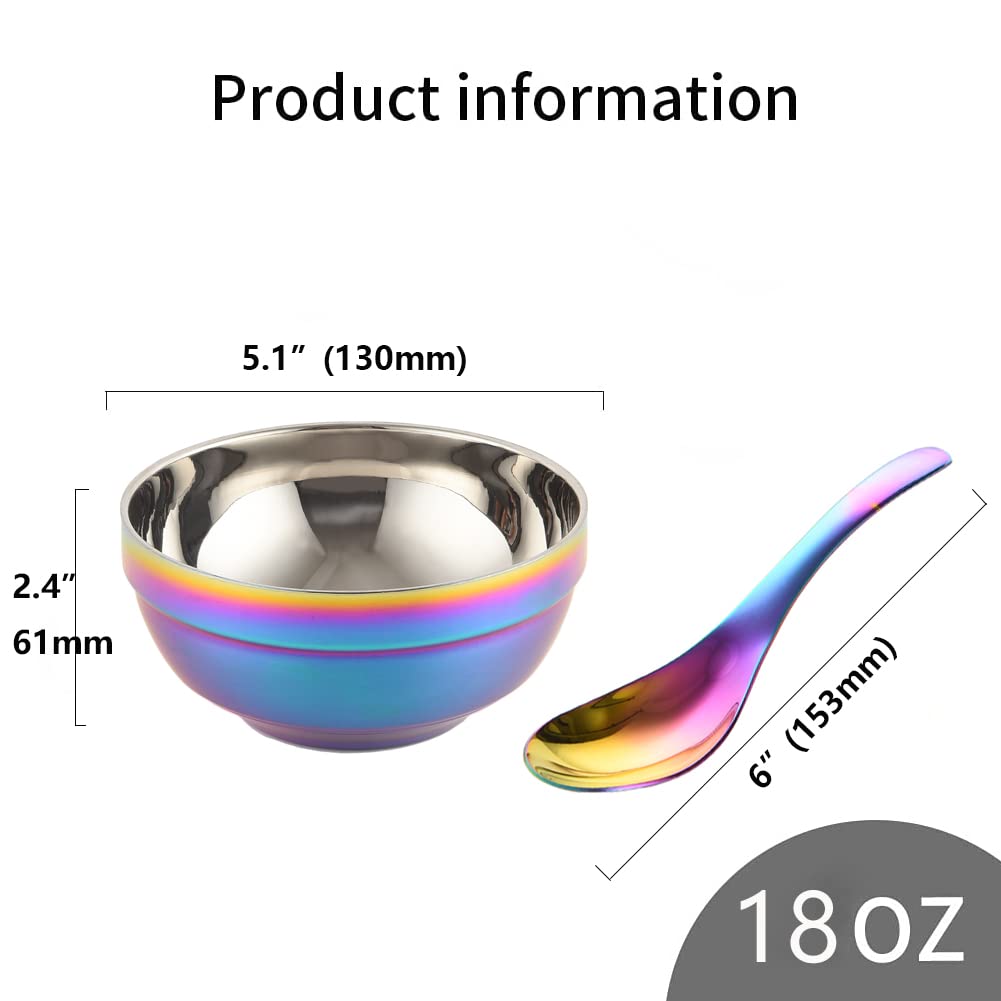 FPXRNG Rainbow Bowl Set of 4x Cereal Bowls and 4x Spoons Double Layer Stainless Steel 5.1 inch Round Bowls for Rice Ice Cream bowl Set for Kitchen