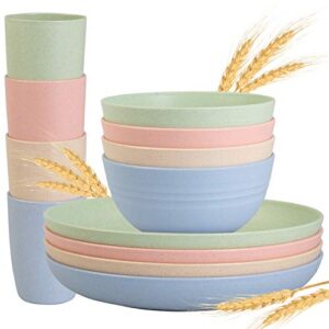 cainfy wheat straw dinnerware sets for 4, 12pcs unbreakable lightweight reusable dinner plates camping bowls set for kids, dishwasher and microwave safe