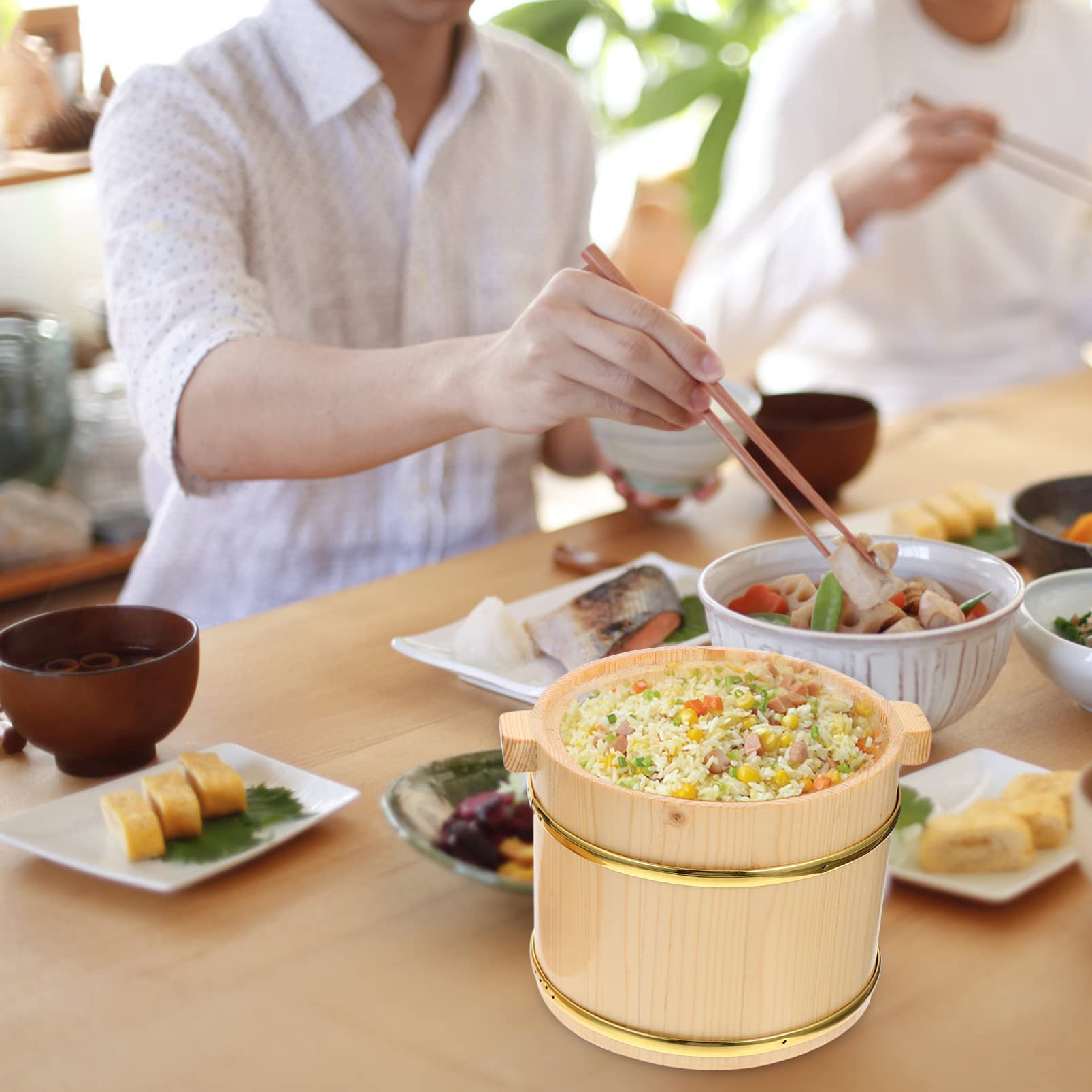 Operitacx Steaming Cask Wooden Sushi Rice Bowl Hangiri Sushi Rice Mixing Tub Container Wooden Sushi Barrel Japanese Sushi Rice Storage Bucket for Home Restaurant Japanese Rice Tub